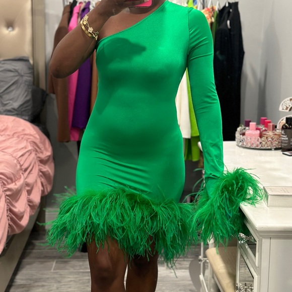 Green One Sleeve Custom Ostrich Feathers Bodycon Mini Dress - Picture 9 of 15